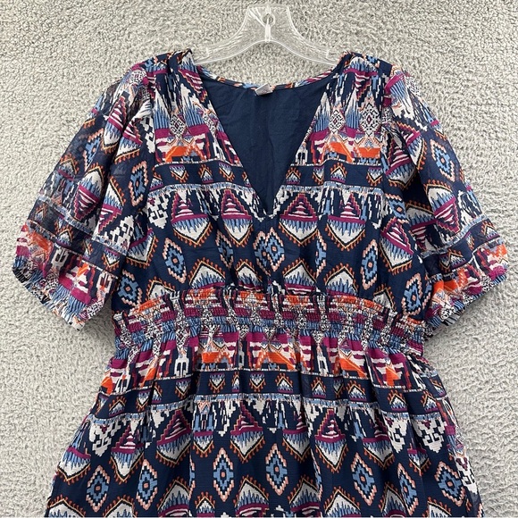 Old Navy Chiffon Short Sleeve V Neck Empire Waist Aztec Midi Dress‎ Boho Women L - Picture 2 of 11